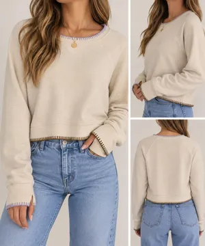 Madewell Cream Sweatshirt Small Contrast Stitch Thumbhole Pullover thumbnail 2