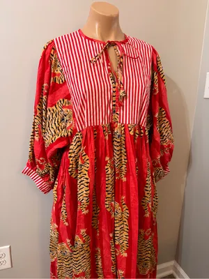 Bohemian Tiger Tigress Stripe Midi Dress 100% cotton made in India Red thumbnail 3