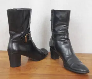 Salvatore Ferragamo Black Leather Buckle Heeled Zip UP Boots Size 8.5 4A thumbnail 1