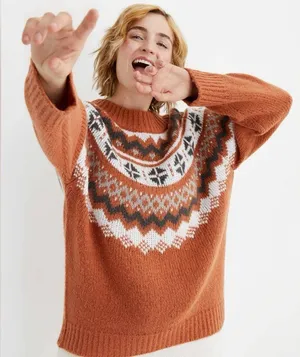 Aerie Fair Isle Knit Sweater Rust Orange Neutral Ivory Earth Cottagecore Large thumbnail 1