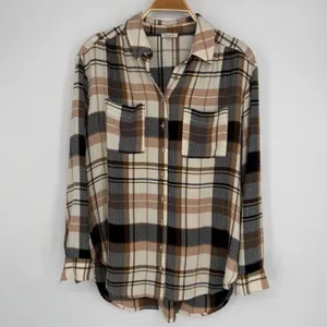 Anthropologie Pilcro Relaxed Long-Sleeve Checkered Shirt Small Brown Plaid Boho Casual Flannel thumbnail 4