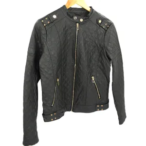 Coffee shop Womens Black Quilted Moto Jacket Studded Shoulder Zip‎ Up thumbnail 5