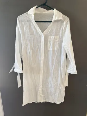 Popvil NWT White 100% Cotton Crinkle Gauze Button Down‎ Beach Cover Up Shirt S thumbnail 1