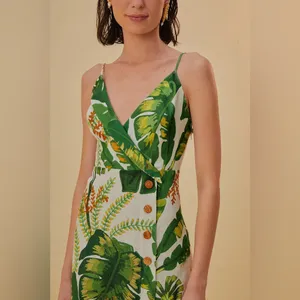 Farm Rio Tropical Forest Linen Mini Dress Green XS thumbnail 7