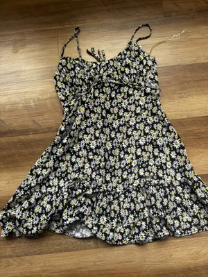 Floral Sundress with Spaghetti Straps - Black/White thumbnail 2