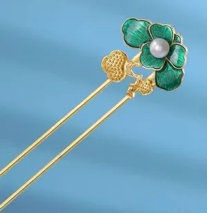 Elegant Gold Tone Green‎ Enamel Flower Pearl Hair Pin Stick Bun Holder thumbnail 1