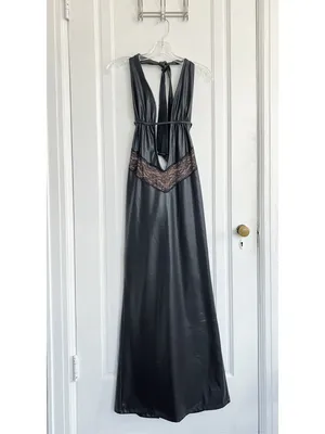 I AM GIA • Astora Maxi Dress black faux leather illusion lace plunge halter sexy thumbnail 3
