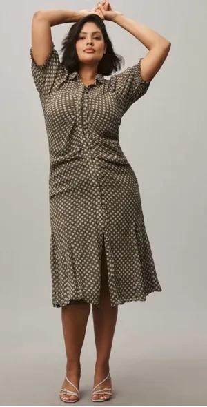 NWT Anthropologie Button Front Puff Sleeve Midi Dress -‎ Moss Green Floral 0 thumbnail 1