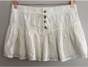 Free People Roselle Eyelet Mini Skirt Ivory‎ Button Front Drawstring Women's Med thumbnail 1