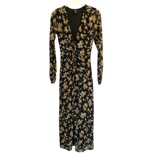 AFRM Tezza Black & Yellow Floral Ruched Mesh Midi Long Sleeves Dress Womens XS thumbnail 2