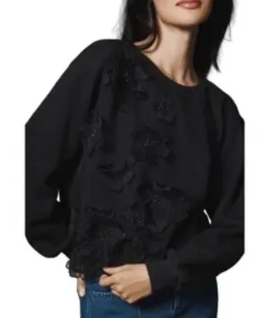 Anthropologie Sweatshirt Women S 3D Floral Applique Black Beaded Cropped EUC thumbnail 1