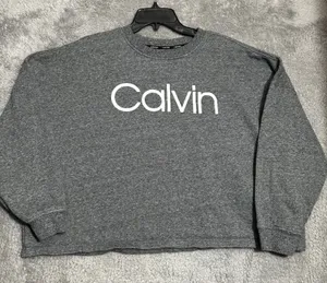 Calvin Klein Sweatshirt Womens XL Gray Logo Pullover Relaxed‎ Cropped Crewneck thumbnail 1