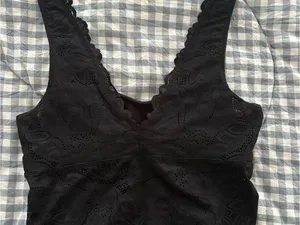 aerie Black Ribbed Lace-Trim Crop Tank thumbnail 2