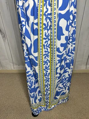 Vince Camuto Floral Border Print Smocked Back Maxi Dress Blue White Sz L Rayon thumbnail 11