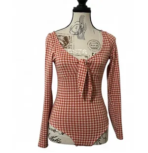 Storia Red White Gingham Check Long Sleeve Bodysuit Front Tie Keyhole Bow Small thumbnail 3