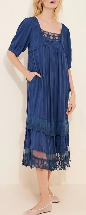 NEW Free People Calder Smocked Midi Blue Dress Sz S thumbnail 1