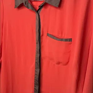 Free People sheer coral satin finish trim button down long sleeve shirt top sz L thumbnail 5
