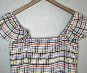multicolor plaid smocked off shoulder baby doll top size large thumbnail 3