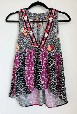 Free People Black and Purple Floral Patchwork V-Neck Tank thumbnail 1