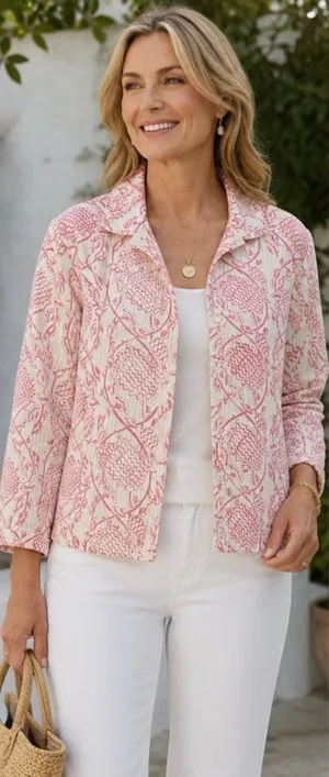 NWT ANU by Natural Reversible Pink Poppy Jacket 100% Cotton Block Print Boho |L thumbnail 1