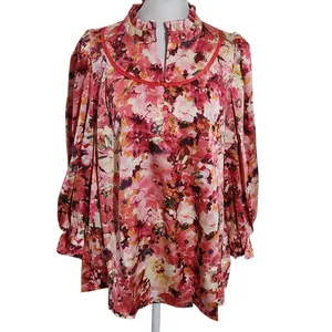 Umgee Pink Floral Satin Blouse with 3/4 Sleeves Size Large NWT thumbnail 2