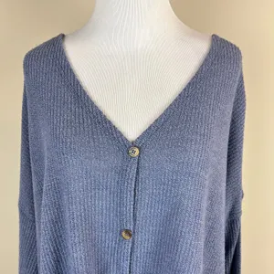 American Eagle Top Womens XL‎ Blue Knit Tie Front Button Up Long Sleeve V-Neck thumbnail 3