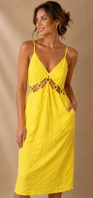 Future Collective Women Dress 2 Yellow Linen Blend Ring Cut-Out Midi Sundress thumbnail 1