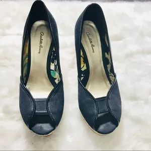Charlotte Russe Black Canvas Peep Toe Natural Cork Wedges Size 6 thumbnail 2