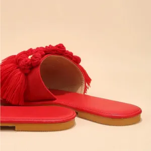New Red Slide Sandal Tassel Pom Pom Faux Suede Slip On Bohemian Sz-8 thumbnail 6