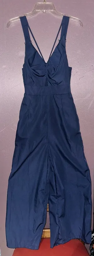 Navy Wide-Leg Jumpsuit with V-Neck thumbnail 1