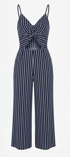 Hollister Navy & White Vertical-Striped Knot Waist Jumpsuit thumbnail 1