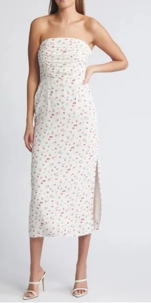 NWT WAYF Birdie Ruched Strapless Midi Dress‎ Ivory Ditsy Sz Small $99 thumbnail 1