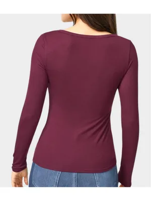 Halara Ribbed Henley Neck Long Sleeve Slim Casual T-Shirt Maroon Banner Size S thumbnail 2