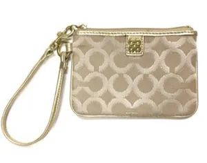 Coach Julia Op Art Signature Gold Light Khaki Beige Canvas Small Print Wristlet thumbnail 1