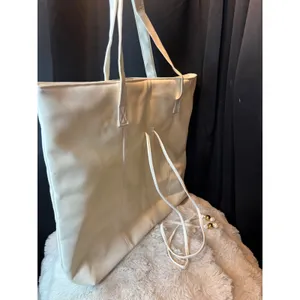 Cream Faux Leather Large Tote Bag Gold Bead Drawstring Shoulder Bag Minimalist thumbnail 5