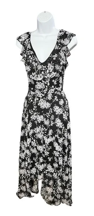 Banana Republic Elegant Ruffle Dress Black/White Floral print Size 4 Asymmetric thumbnail 1