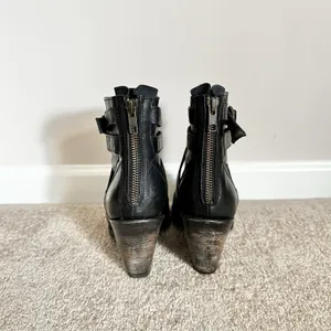 Freebird by Steven Joker Black Leather Heeled Booties Peeptoe Strappy Black Sz 9 thumbnail 6