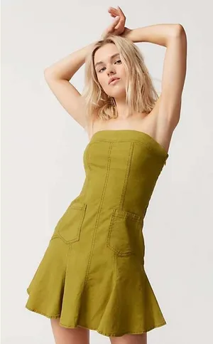 BDG Dress Women Small Olive Green Strapless Linen Blend Mini Fit & Flare‎ Tube thumbnail 1