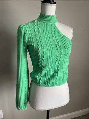 ZARA Mint Green One-Shoulder Cable-Knit Sweater Sz S thumbnail 3