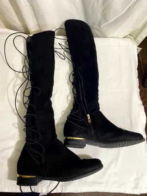 Women’s Black Over The Knee Lace Up Boots Size 9 Faux Suede Gold Accent Low Heel thumbnail 3