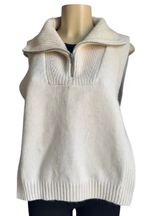 H&M Knitted Sweater Vest Quarter Zip Collared Light Beige Side Slit One Size thumbnail 1