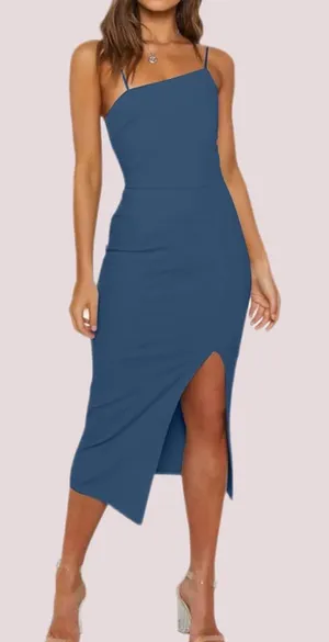 NWT Gray/Blue Spaghetti Strap Asymmetrical Midi Dress – XS‎ thumbnail 1
