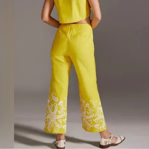 Anthropologie Yellow Wide Leg Pants with White Paisley thumbnail 3