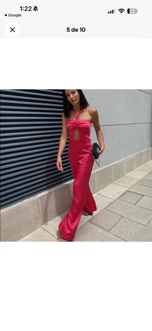 Zara Satin Halter Wide-Leg Jumpsuit in Hot Pink thumbnail 5