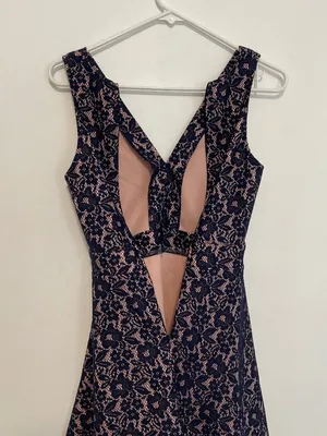 AQUA Navy Blue Lace Light Pink Lining V-Neck Sleeveless Fit Flare Skater Dress thumbnail 11