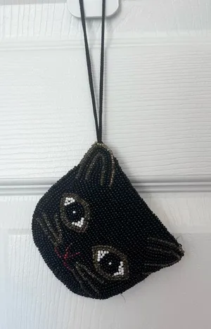 Vintage Art Deco handmade beaded black cat coin purse AS IS thumbnail 1