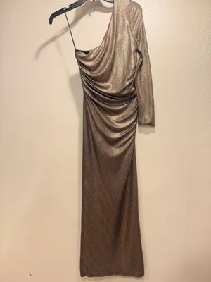 NWT Zara Metallic Bronze One Shoulder Ruched High Slit Asymmetrical Maxi Dress S thumbnail 15