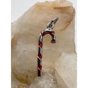 Vintage Candy‎ Cane Charm Red Silver Enamel Magnetic Holiday Christmas Pendant thumbnail 2
