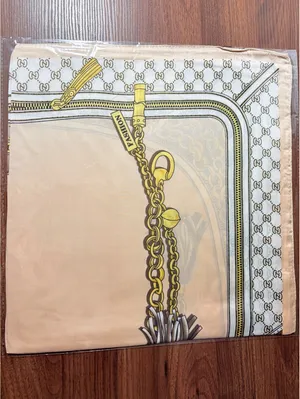 Elegant Beige Square Scarf with Gold Chain and Tassel Design, Lightweight thumbnail 4