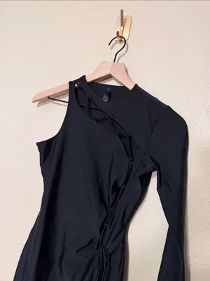 Skims Lace Up Mini Dress Black Onyx One Shoulder Bodycon Stretch Size Small thumbnail 6